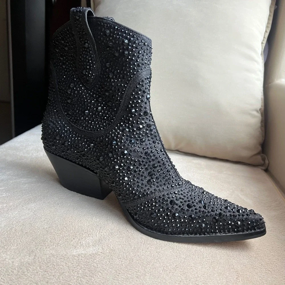 Jessica Simpson‎ 9 M Black Rhinestone Western Ankle Boots Pointed Toe Block Heel